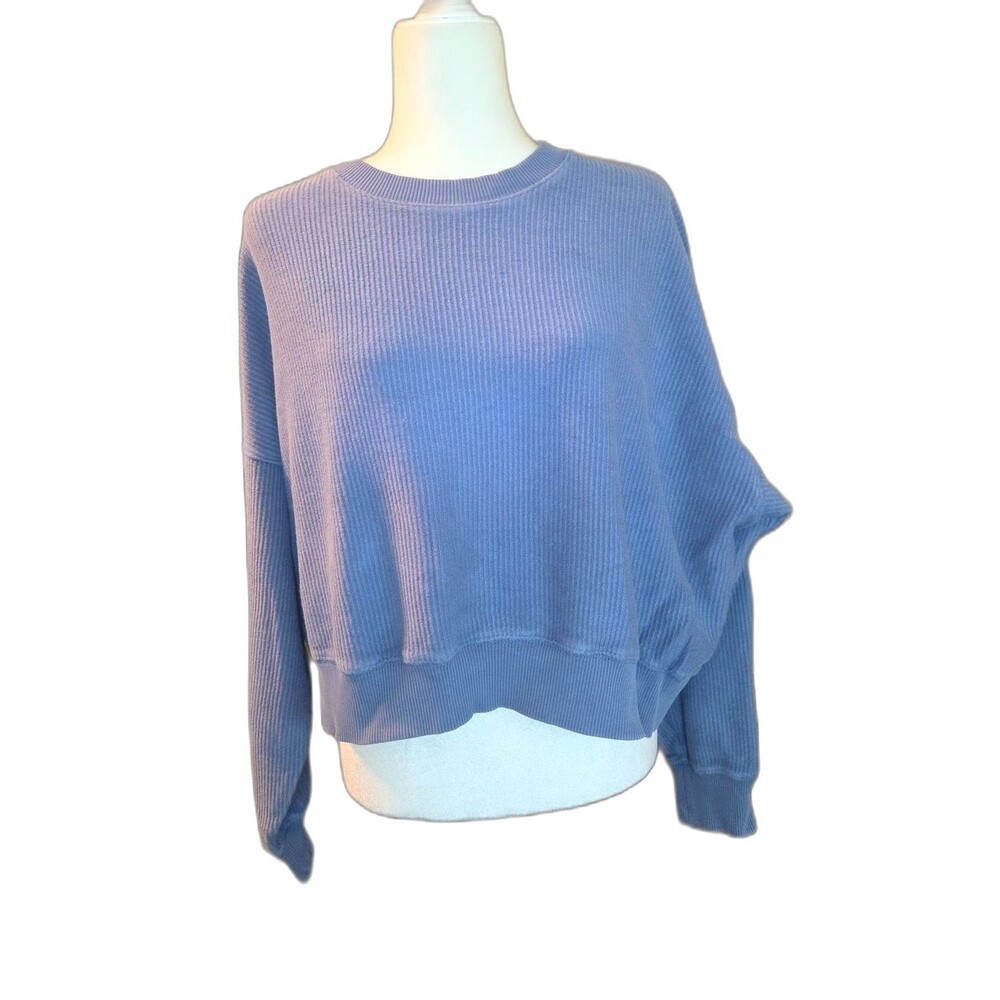 aerie Boxy Ribbed Cropped Crewneck Sweater - Dusty Blue- 100% cotton